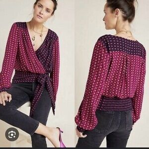 Maeve - Lisa Puff Sleeve Blouse - Faux Wrap Crop